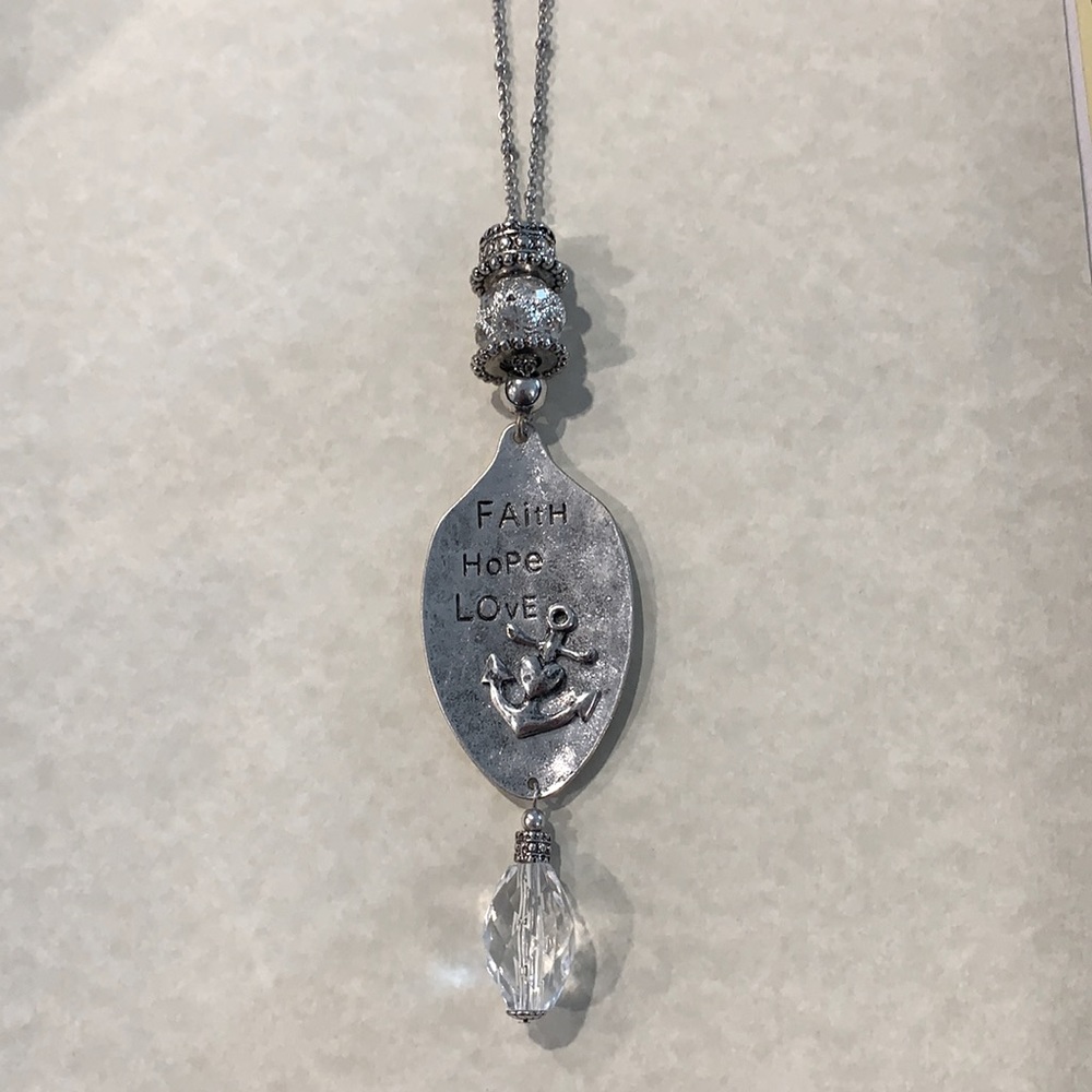 30” Burnished Silvertone “Faith Hope Love” Spoon Pendant Necklace